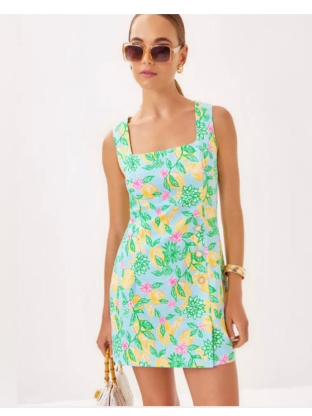 NWOT Sleeveless Square-Neck Floral Mini Dress in Aqua